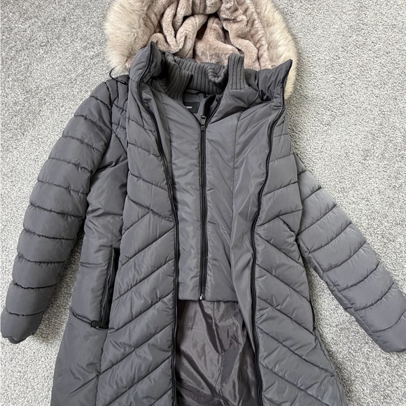 Dkny Jackets & Blazers - DKNY Charcoal Puffer Jacket with Faux Fur Trim